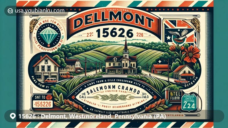 Modern illustration of Delmont, Pennsylvania, with postal theme showcasing landmarks like Salem Crossroads Historic District and Shields Farm, reflecting town's growth and community spirit, with Pennsylvania state symbols.
