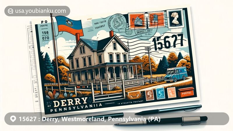 Creative postcard design featuring Fulton House in Derry, Pennsylvania, with state symbols and postal elements, showcasing ZIP code 15627 amidst natural surroundings.