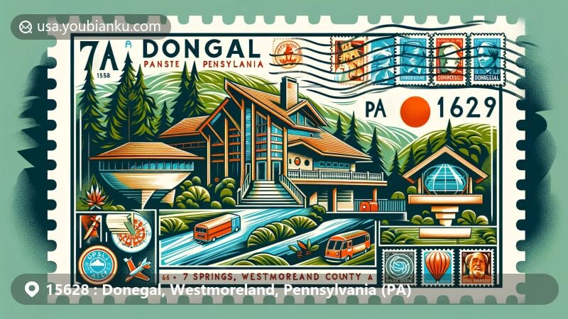 Modern illustration of Donegal, Westmoreland County, Pennsylvania, capturing 7 Springs and Hidden Valley ski resorts, Fallingwater, and postal theme with vintage postcard design featuring 'Donegal, PA 15628' postmark.