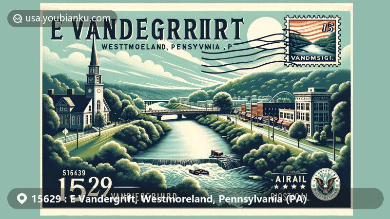 现代插图展示了宾夕法尼亚州西摩兰县E Vandergrift镇的15629邮政编码，呈现了Kiskiminetas河的景色、Vandergrift的标志性建筑、自然美景和邮政主题的融合。