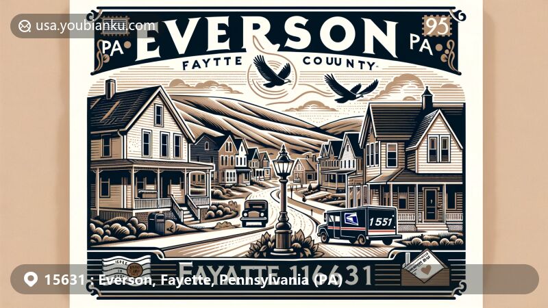 Modern illustration of Everson, Fayette County, Pennsylvania, depicting small-town charm and community spirit with cozy street scene, rolling foothills, and traditional homes, integrating postal elements like vintage design and symbols, highlighting ZIP code 15631.