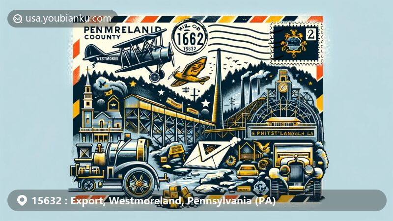 Modern illustration of Export, Westmoreland County, Pennsylvania, featuring a postal theme with ZIP code 15632, showcasing state flag, local landmarks like the Westmoreland Coal Company's South (#2) mine, and cultural references to notable individuals like NFL's Scott McKillop and MLB's Bob Moose and Jimmy Ripple.