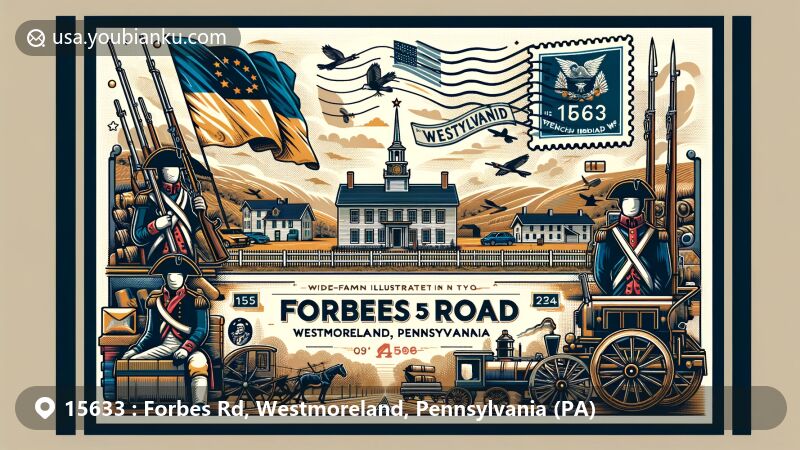 Modern illustration of ZIP Code 15633, Forbes Road, Westmoreland, Pennsylvania, featuring historical significance during the French and Indian War, incorporating colonial symbols, Fort Duquesne, Brigadier General John Forbes, Pennsylvania state flag, and postal elements like a stamp, postmark, and postal carriage.