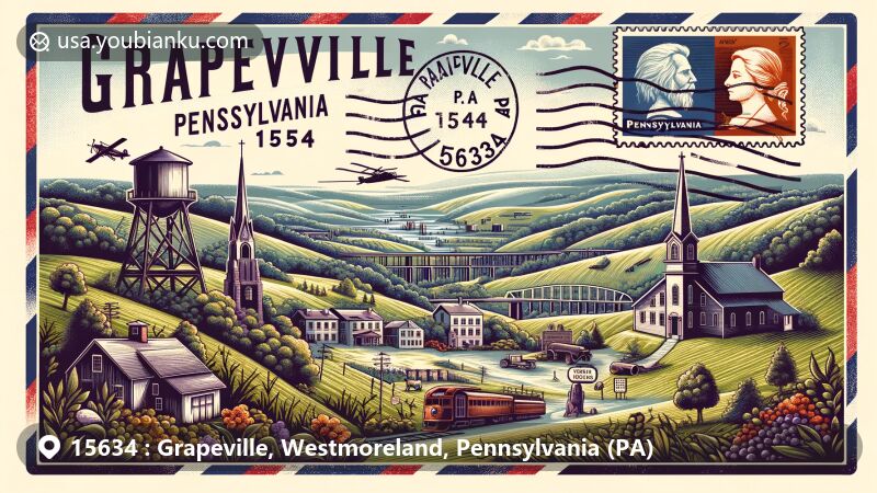 Modern illustration of Grapeville, Pennsylvania, featuring vintage air mail elements with ZIP code 15634, showcasing iconic landmarks like Wolf Rocks Overlook and Forbes Road, incorporating Pennsylvania state flag in the background.
