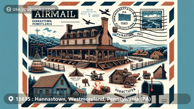 Modern illustration of Hannastown, Westmoreland, Pennsylvania (PA), featuring Historic Hanna's Tavern and frontier town environment, with Pennsylvania state flag and postal elements like vintage stamp and postmark.