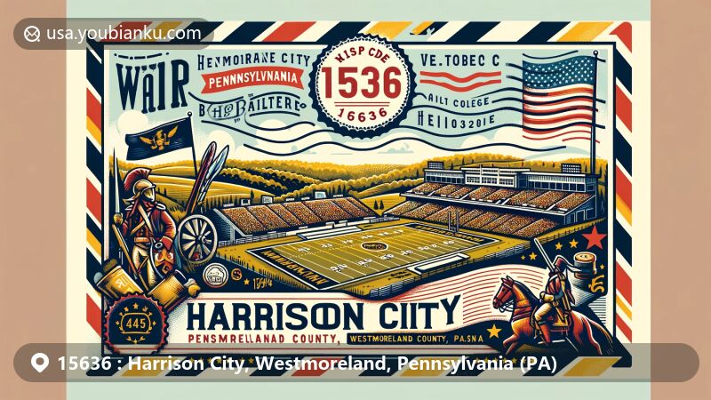 Modern illustration of Harrison City, Westmoreland County, Pennsylvania, featuring Bushy Run Battlefield and Warrior Stadium, blending historical pride and educational spirit with Pennsylvania state symbols and postal elements.