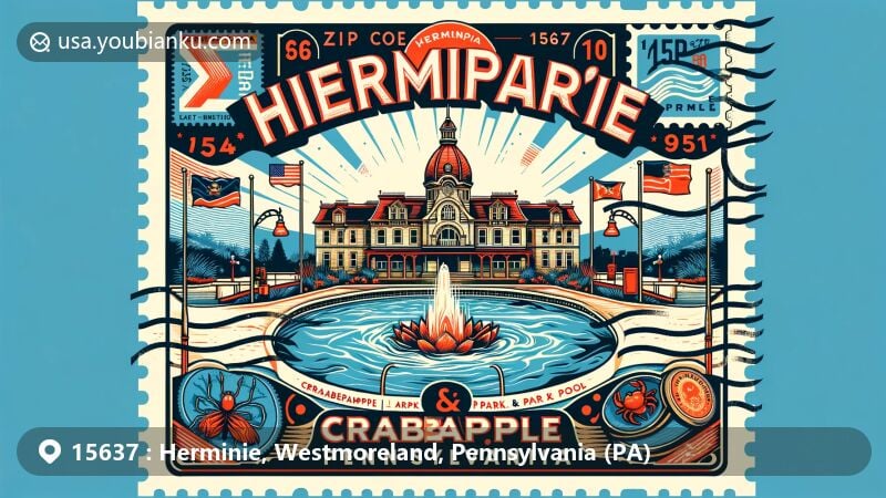 Modern illustration of Crabapple Park & Pool in Herminie, Pennsylvania, showcasing postal theme with ZIP code 15637, featuring state flag, postal stamp, and mail elements.