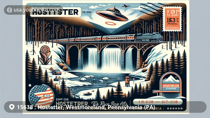 Modern illustration of Hostetter, Westmoreland County, Pennsylvania, featuring Fish Run Falls, railway viaduct, snow-covered Laurel Mountain State Park, and the Kecksburg UFO Festival's 'Space Acorn' sculpture, blended with postal elements like postmark and ZIP code 15638.