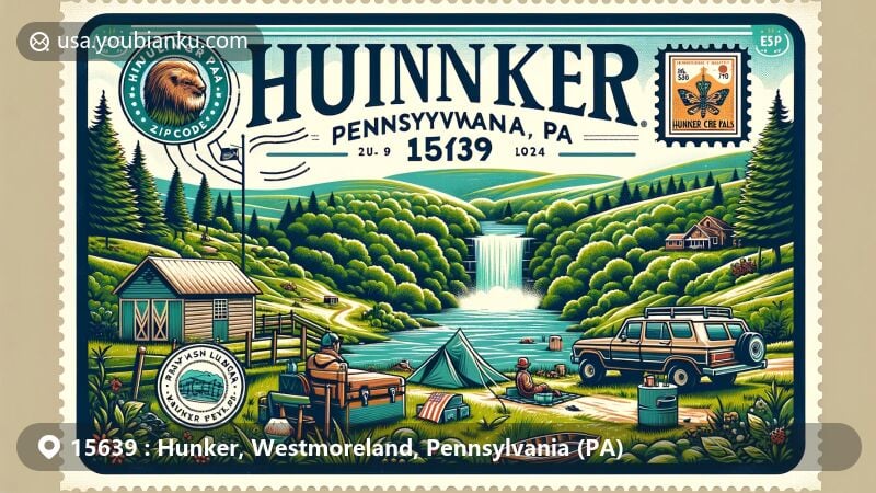 Modern illustration of Hunker, Westmoreland County, Pennsylvania, highlighting postal theme with ZIP code 15639, featuring Hunker Creek Falls and outdoor activities, showcasing the natural beauty of the area.