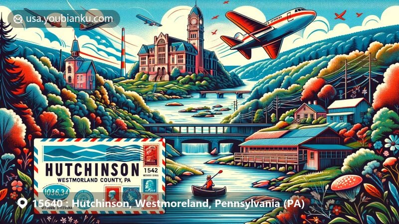 Modern illustration of Hutchinson, Westmoreland County, Pennsylvania, blending iconic landmarks such as Wolf Rocks Overlook, Linn Run State Park's abandoned hunting lodge, Laurel Mountain State Park, and Westmoreland County Courthouse with vintage postal elements.