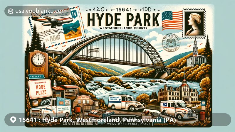 Illustration of Hyde Park, Westmoreland County, Pennsylvania, featuring Hyde Park Walking Bridge spanning the Kiski River, Wolf Rocks Overlook, Linn Run State Park, and Hyde Park Museum, with vintage postal theme and ZIP code 15641.
