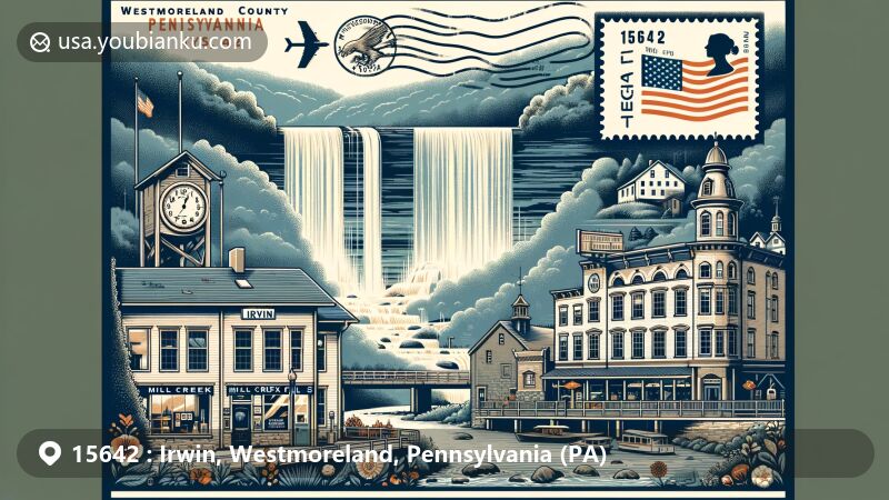 Modern illustration of Irwin, Westmoreland County, Pennsylvania, featuring ZIP code 15642, showcasing urban charm, Mill Creek Falls' natural beauty, and Pennsylvania cultural elements.