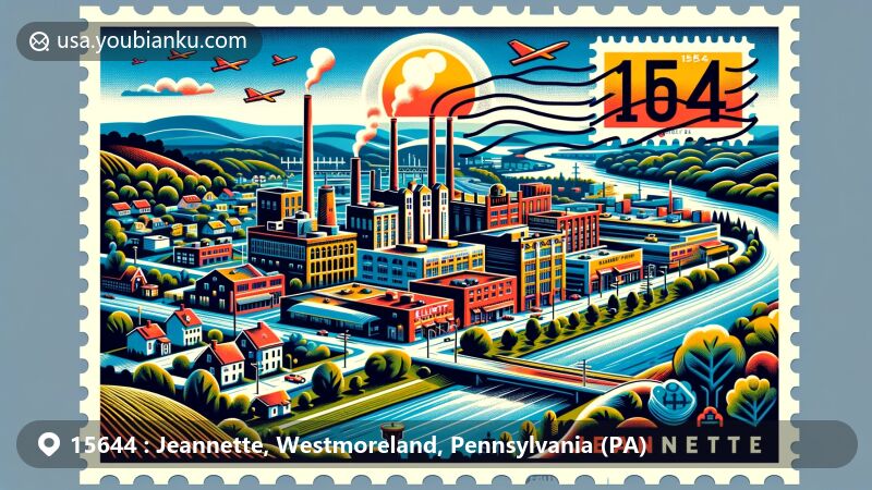 Modern illustration of Jeannette, Pennsylvania, known as 'The Glass City' with ZIP code 15644, showcasing rich glass manufacturing heritage, featuring McKee Glass Factory and Elliott Company.
