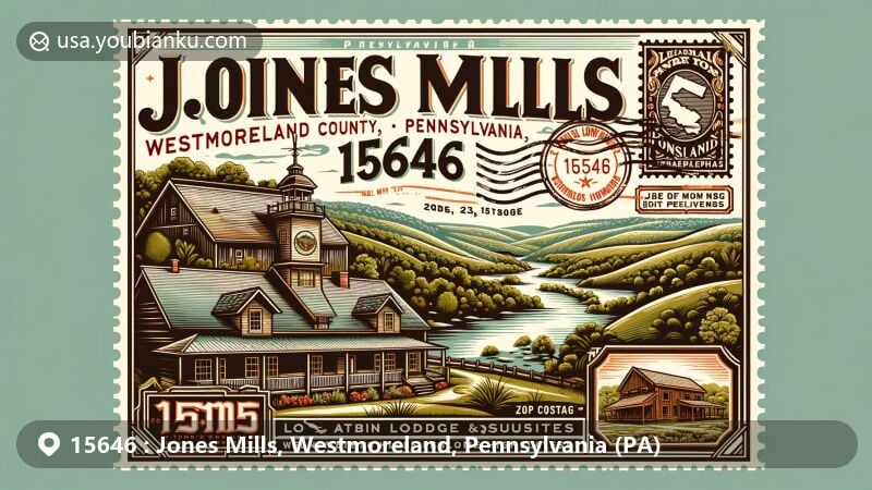 Modern illustration of Jones Mills, Westmoreland County, Pennsylvania, highlighting Laurel Highlands with undulating hills and lush greenery, featuring Log Cabin Lodge and Suites and postal elements.