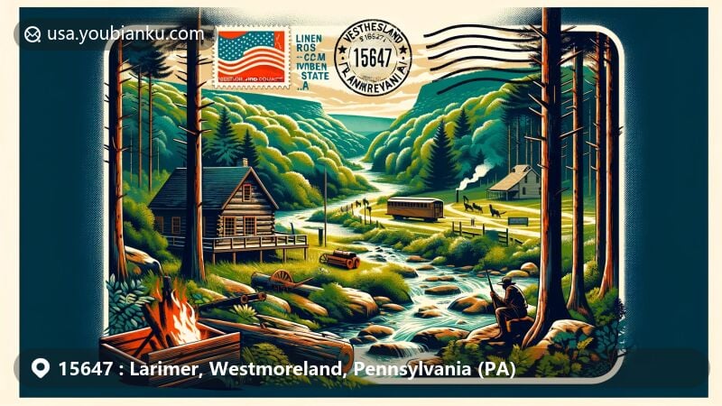 Modern illustration of Larimer area in Westmoreland County, Pennsylvania, featuring ZIP code 15647, showcasing Linn Run State Park with lush trees, forest cabin, and peaceful creek; Wolf Rocks Overlook for adventurous forest views; abandoned hunting cabin's mysterious relic amidst natural beauty; retro stamp with Pennsylvania flag and '15647 Larimer, PA' postmark; stylized representation of Bushy Run Battlefield's historical significance.