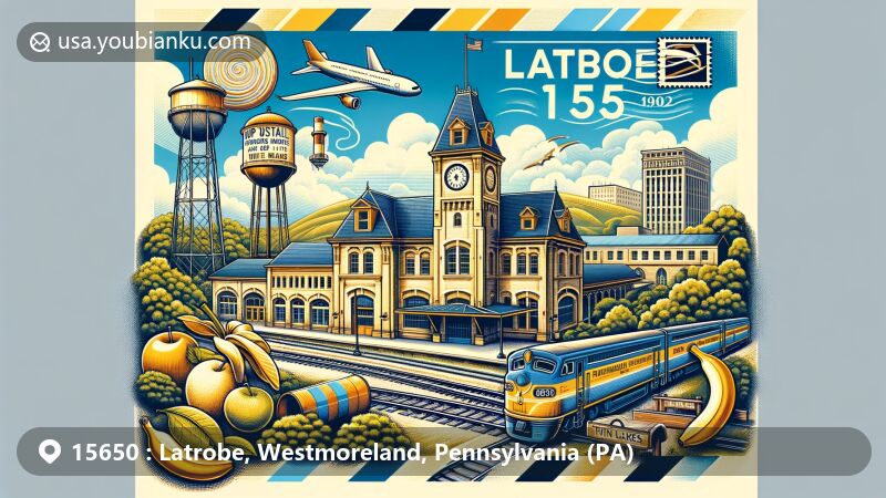Modern illustration of Latrobe, Pennsylvania, showcasing iconic Pennsylvania Railroad Station, banana split invention, Twin Lakes Park, and vintage air mail envelope with ZIP code 15650, blending industrial heritage and lush greenery.