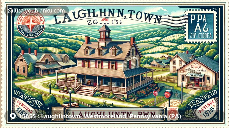 Modern illustration of Laughlintown, Pennsylvania, showcasing Compass Inn, Allegheny Mountains, and postal elements with ZIP code 15655, honoring town's history and connection to the postal system.