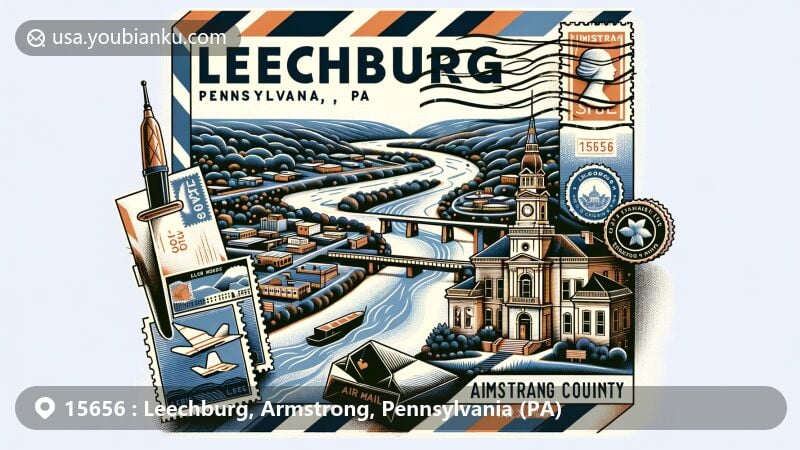 Modern illustration of Leechburg, Armstrong County, Pennsylvania, showcasing Kiskiminetas River and Leechburg Area Museum and Historical Society, with postal theme including ZIP code 15656.