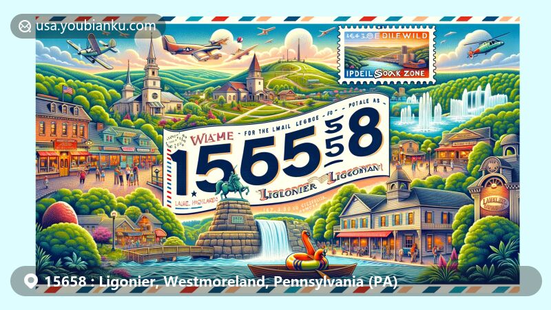 Modern illustration of Ligonier, Pennsylvania, featuring Fort Ligonier and Idlewild & SoakZone, with a postal theme highlighting ZIP code 15658, including postage stamp and postmark.