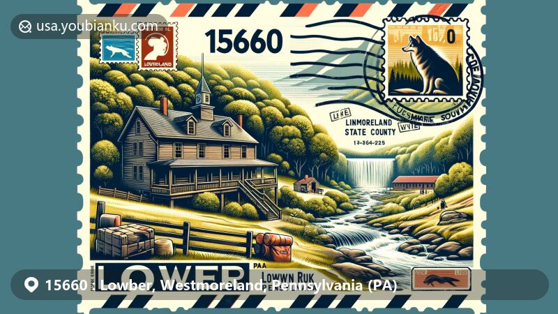 Modern illustration of Lowber, Pennsylvania, depicting ZIP code 15660 area with Wolf Rocks Overlook and Linn Run State Park, showcasing outdoor activities, natural beauty, and historical elements of the region.