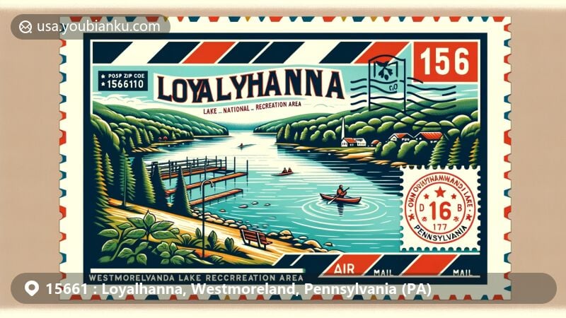Modern illustration of Loyalhanna Lake National Recreation Area in Westmoreland County, Pennsylvania, showcasing serene waters and lush green surroundings, with images of hiking and kayaking activities to reflect leisure opportunities. Features a contemporary design resembling a postcard with a postal theme, highlighting ZIP code 15661, incorporating Pennsylvania state flag subtly, and using bright colors for an inviting outdoor adventure feel.