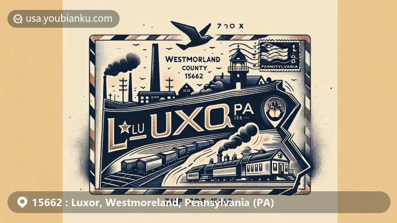 Modern illustration of Luxor, Pennsylvania, featuring postal theme with ZIP code 15662, showcasing coal mining heritage and Pennsylvania state flag, designed in the style of an airmail envelope or postcard with stamps and postmark.