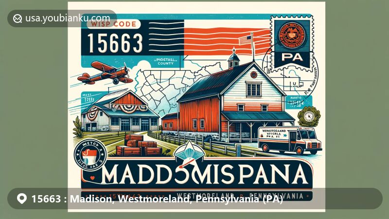 Modern illustration of Madison area, Westmoreland County, Pennsylvania, with ZIP code 15663, merging vintage postcard design featuring Pennsylvania state flag, Westmoreland County map, The Barn at Madison, and postal elements like stamps and postmarks.