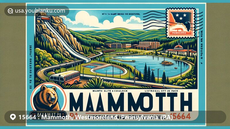 Vivid illustration of Mammoth, Westmoreland County, Pennsylvania, featuring Mammoth Park with its 24-acre lake, Giant Slide Complex, scenic overlooks, Wolf Rocks Overlook, sealed-off mine entrance, postal elements including PA state flag stamp and 'Mammoth, PA 15664' postmark.