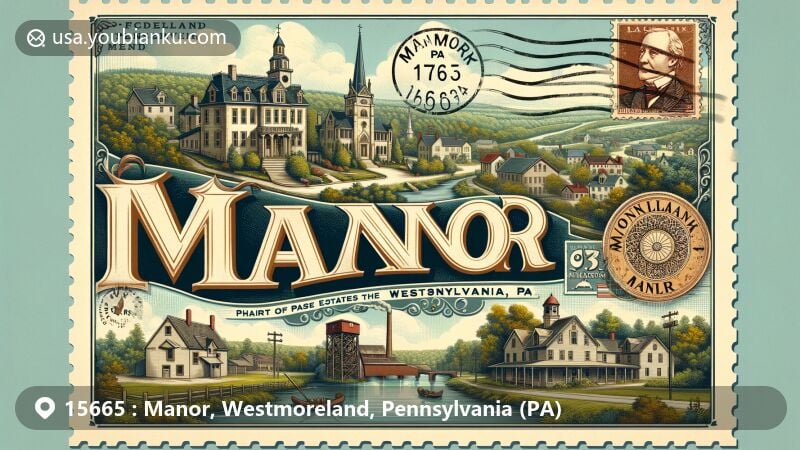 Modern illustration of Manor, Westmoreland County, Pennsylvania, featuring vintage postcard design with postal elements, showcasing historical ties to Pennsylvania Railroad and Denmark Manor estate.