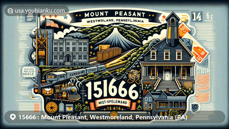 Modern illustration of Mount Pleasant, Westmoreland County, Pennsylvania, showcasing its historical ties to coal mining and railroads, featuring a vintage coal mine entrance, a classic railroad, and the iconic Samuel Warden House. The illustration integrates postal elements like a vintage air mail envelope, a postage stamp with the ZIP code 