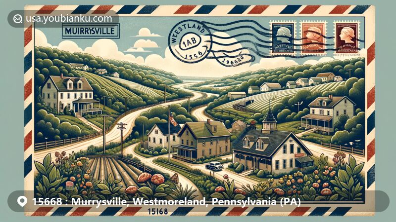 Modern illustration of Murrysville, Pennsylvania, in Westmoreland County, showcasing lush landscapes, residential areas, and the Westmoreland Heritage Trail with vintage postal elements and '15668' zip code.