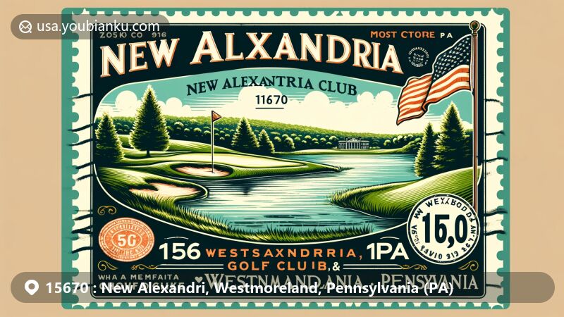 Modern illustration of New Alexandria, Westmoreland County, Pennsylvania, depicting Mannitto Golf Club with lush green fairways and iconic hole, Mannitto Lake showcasing serene natural beauty. Vintage postcard design featuring Pennsylvania state flag stamp and 'New Alexandria, PA 15670' postmark.