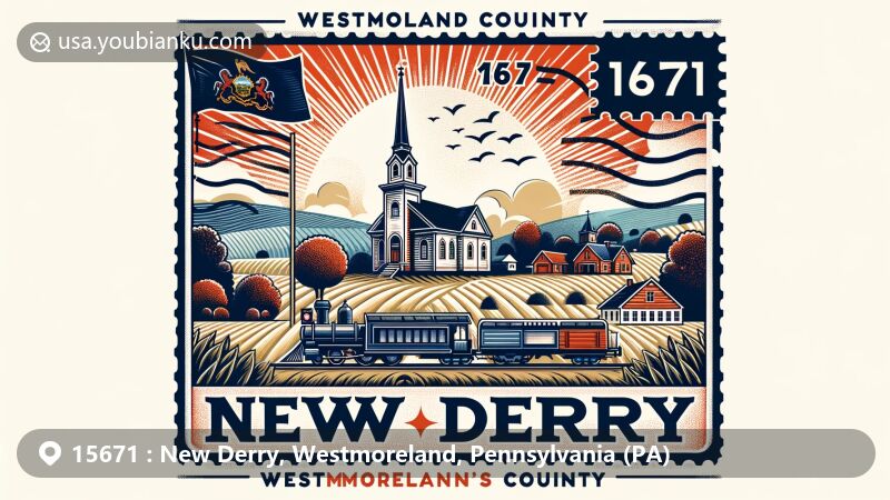 Modern illustration of New Derry, Westmoreland County, Pennsylvania, showcasing postal theme with ZIP code 15671, featuring Pennsylvania state flag, local landmarks such as vintage railroad and St. Martin’s Catholic Church against a scenic backdrop.