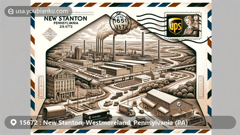 Creative depiction of New Stanton, Pennsylvania, highlighting ZIP code 15672 within an air mail envelope, featuring Westmoreland Assembly Plant, UPS hub, transportation history, and postal motifs.