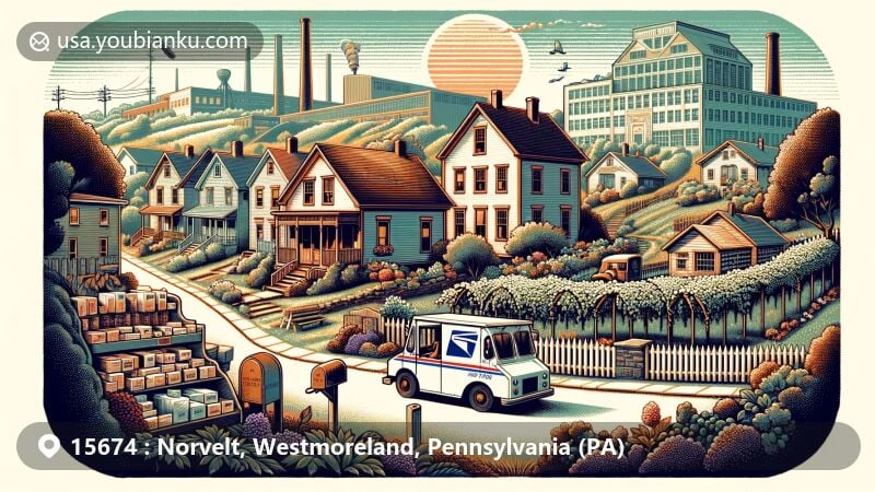 Modern illustration of Norvelt, Pennsylvania, showcasing Cape Cod-style houses, lush gardens, grape arbors, and a garment factory, symbolizing community resilience and economic independence, with postal elements like a vintage postal truck and mailbox.