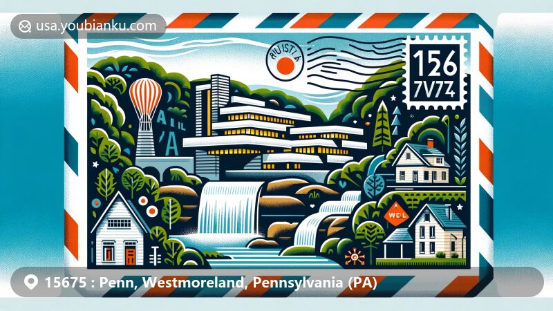Modern illustration of Penn, Westmoreland County, Pennsylvania, showcasing postal theme with ZIP code 15675, featuring Fallingwater, Historic Hanna's Town, Linn Run State Park, and Laurel Mountain State Park.