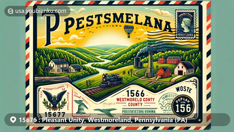Modern illustration of Pleasant Unity, Westmoreland County, Pennsylvania, capturing the rural charm and coal mining history, featuring ZIP code 15676, Jamison Coal and Coke Company, lush green forests, and Pennsylvania state symbols.