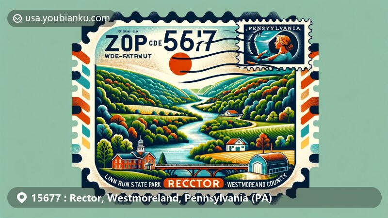 Modern illustration of Rector, Westmoreland County, Pennsylvania (PA), blending natural landscapes with postal elements, featuring Linn Run State Park and Powdermill Nature Reserve, showcasing ZIP code 15677.