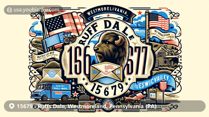 Modern illustration of Ruffs Dale, Westmoreland County, Pennsylvania, highlighting postal theme with ZIP code 15679, featuring state flag, county outline, Buffalo Run landmark, vintage postcard, postal stamps, 'Ruffs Dale, PA 15679' postmark, mailbox, and mail delivery vehicle.