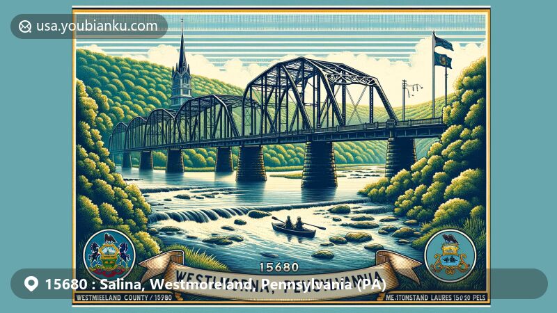 Vintage postcard-style illustration of Salina area, Westmoreland County, Pennsylvania, showcasing historic Salina Bridge over Kiskiminetas River, surrounded by lush greenery, featuring state tree Eastern Hemlock and state flower Mountain Laurel.