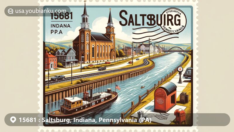 Vintage postcard illustration of Saltsburg, Indiana, Pennsylvania, showcasing Saltsburg Presbyterian Church, canal boats, old trains, and Kiskiminetas River, with postal theme and ZIP code 15681.