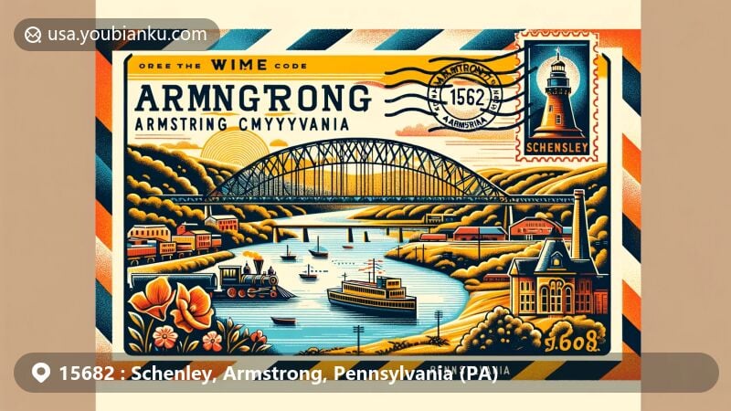 Vintage-style illustration of Schenley, Armstrong County, Pennsylvania, depicting Allegheny and Kiskiminetas Rivers, honoring Schenley Distilling Company's whiskey heritage. Postcard design showcases industrial and natural beauty with postal elements like stamps and ZIP code 15682.
