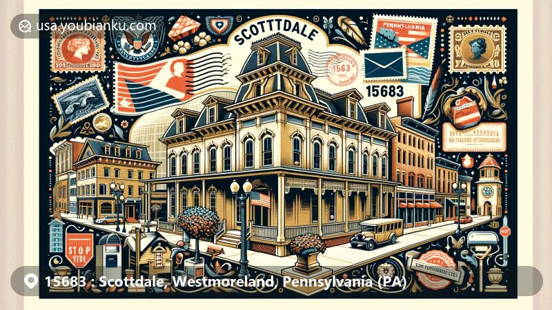 Modern illustration of Scottdale, Pennsylvania, featuring ZIP code 15683, showcasing Scottdale Historic District and architectural styles like Italianate, Queen Anne, and Colonial Revival, alongside Jacob Loucks House and Geyer Performing Arts Center.