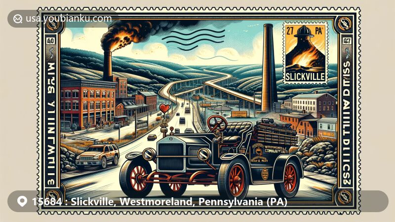 Modern illustration of Slickville, PA showcasing Slickville Historic District, annual Community Days, vintage fire engine, Westmoreland Heritage Trail, and coal mining heritage in a postcard design with postal elements.
