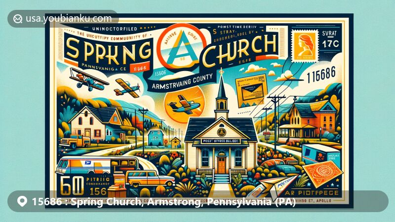 Modern illustration of Spring Church, Armstrong County, Pennsylvania, showcasing postal theme with ZIP code 15686, featuring post office building, scenic landscapes, and vintage postal elements.