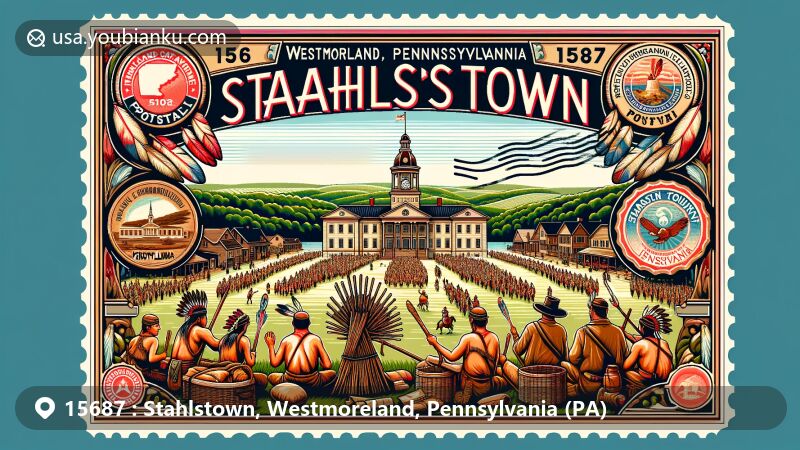 Modern illustration of Stahlstown, Westmoreland, Pennsylvania, showcasing Flax Scutching Festival with Native American and pioneer reenactment, integrated County flag, vintage postcard design, Courthouse, and Pennsylvania outline, highlighting postal heritage with ZIP Code 15687.