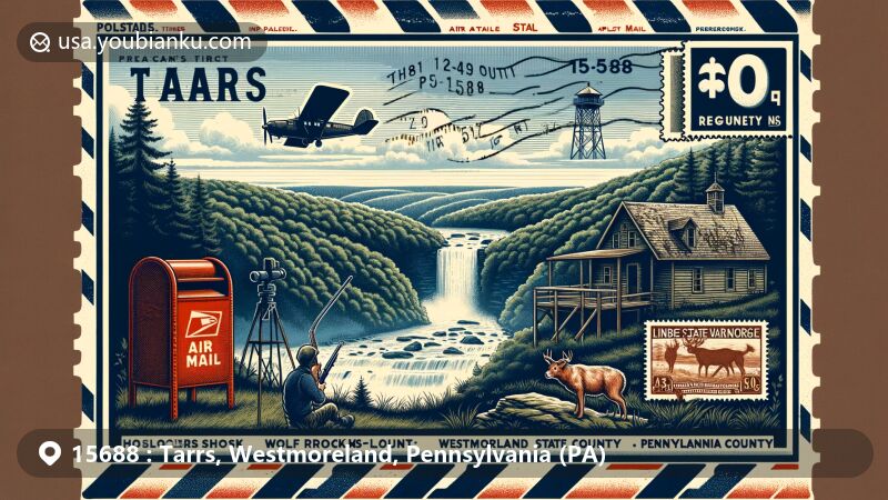 Modern illustration of Tarrs, Westmoreland County, Pennsylvania, blending natural beauty with postal theme, featuring Wolf Rocks Overlook and Linn Run State Park, set in lush Mid-Atlantic landscapes, with vintage air mail envelope showcasing ZIP code 15688 and iconic state symbols.