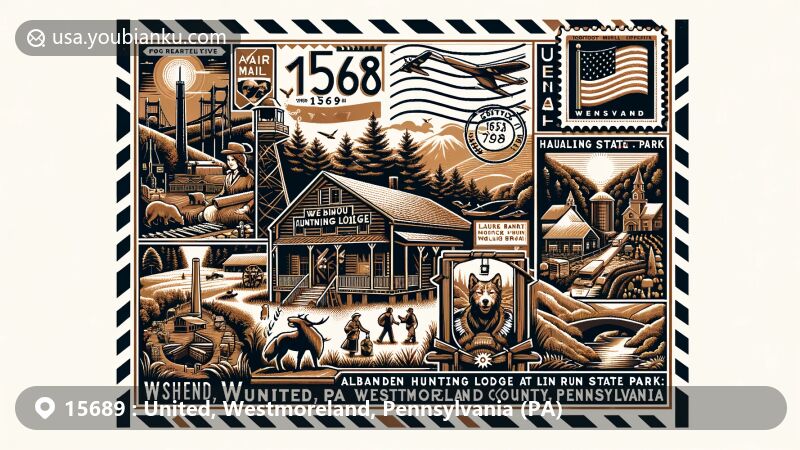 Modern illustration of United, Westmoreland County, Pennsylvania, showcasing vintage air mail envelope design with local landmarks like Wolf Rocks Overlook, Linn Run State Park's abandoned hunting lodge, Laurel Mountain State Park, Compass Inn Museum, and Hyde Park Walking Bridge, Pennsylvania flag styling, Westmoreland County outline, and historical Hanna's Town stamp.