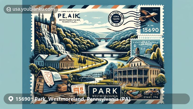 Modern illustration of Park, Westmoreland, Pennsylvania, highlighting natural beauty and cultural landmarks, featuring Wolf Rocks Overlook, Palace Theatre, and Greensburg Garden & Civic Center, with postal elements like vintage air mail envelope and '15690 Park, PA' postmark.