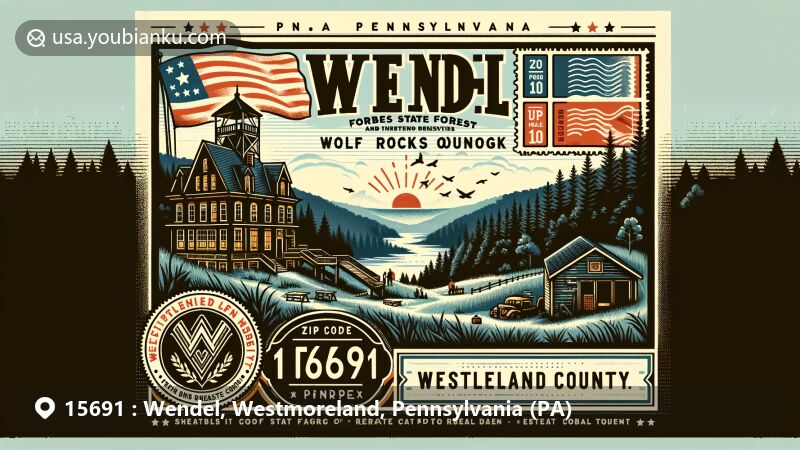 Modern illustration of Wendel, Westmoreland County, Pennsylvania, reflecting the scenic vista of Wolf Rocks Overlook and the abandoned hunting lodge at Linn Run State Park, intertwined with coal town heritage and county symbols, featuring postal theme with ZIP code 15691.